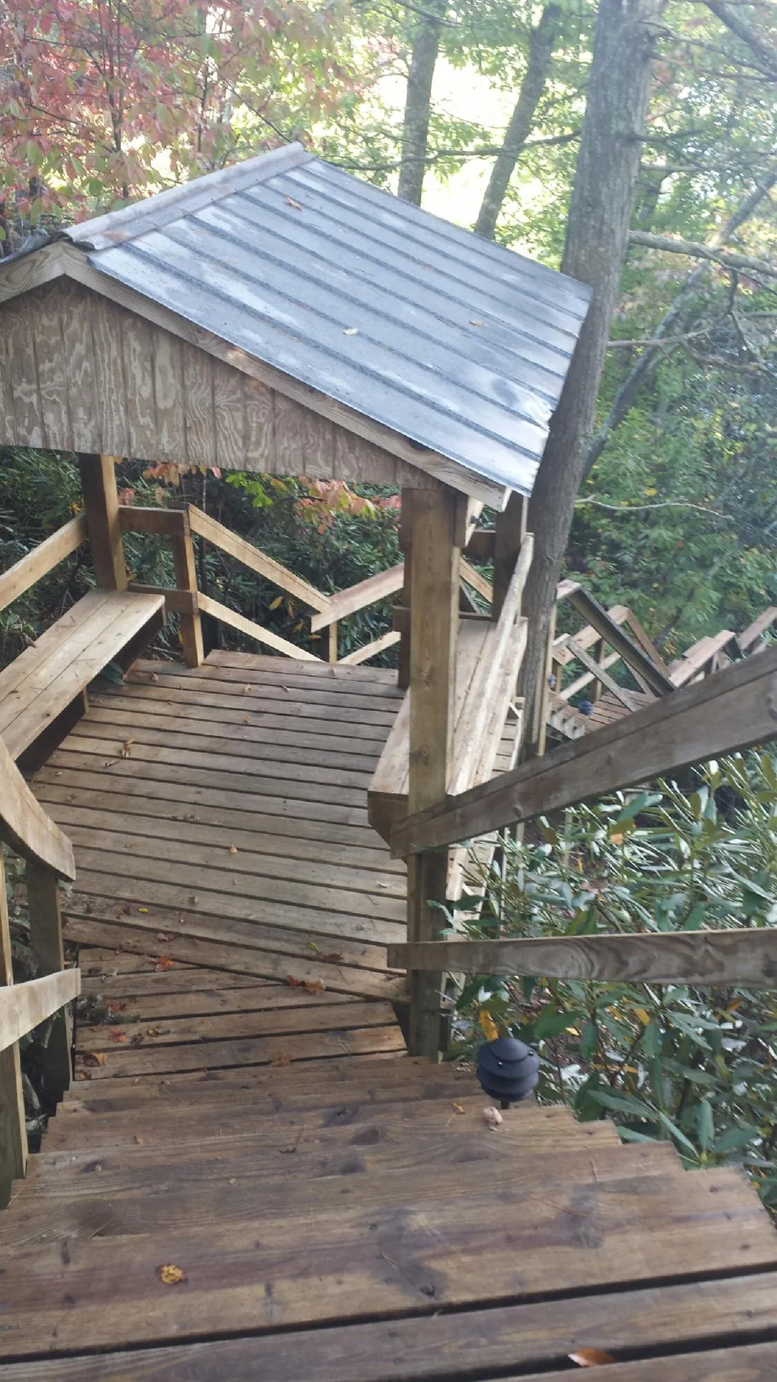 Metal roofed shelter over wooden steps on a wooded walkway — Skylight Repair & Installation work by our crew in Warner Robins